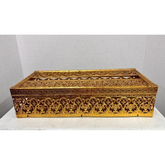 Tissue Box Cover Hollywood Regency Gold Tone MCM VTG Brass Filagree - Picture 1 of 7